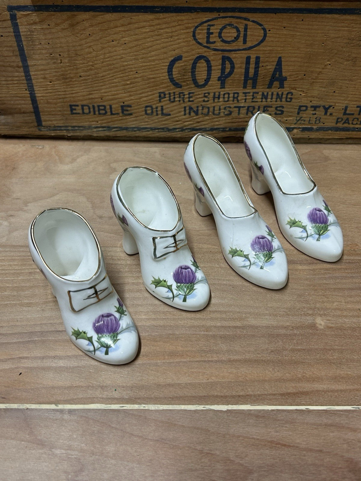 Set of 4 English Bone China Shoe Vases – Thistle Design, Vintage Collectible