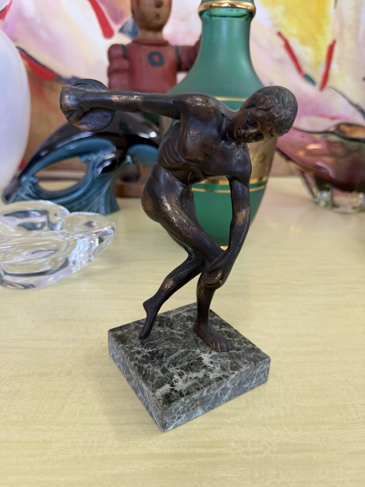 Vintage Bronze Discus Thrower Athlete Sculpture Marble Base Classical Figure