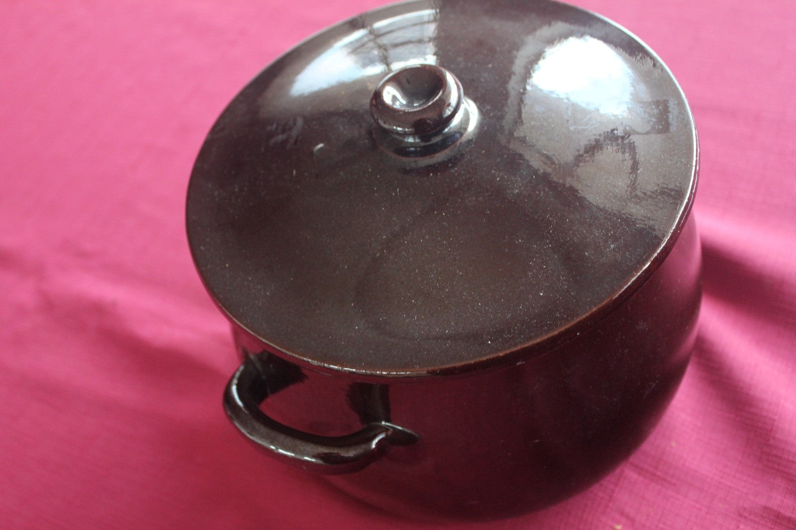 Vintage Brown Stoneware Lidded Casserole Pot with Handles – Rustic Kitchenware
