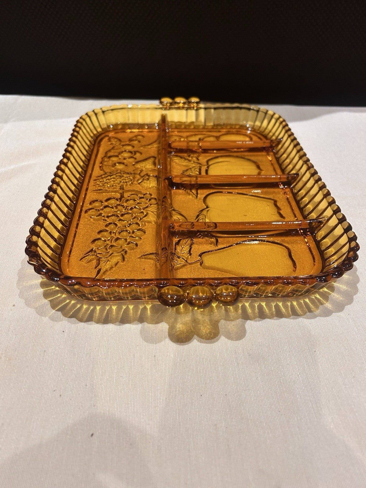 Indiana Glass Fruits Amber Glass Divided Platter Relish Tray Vintage