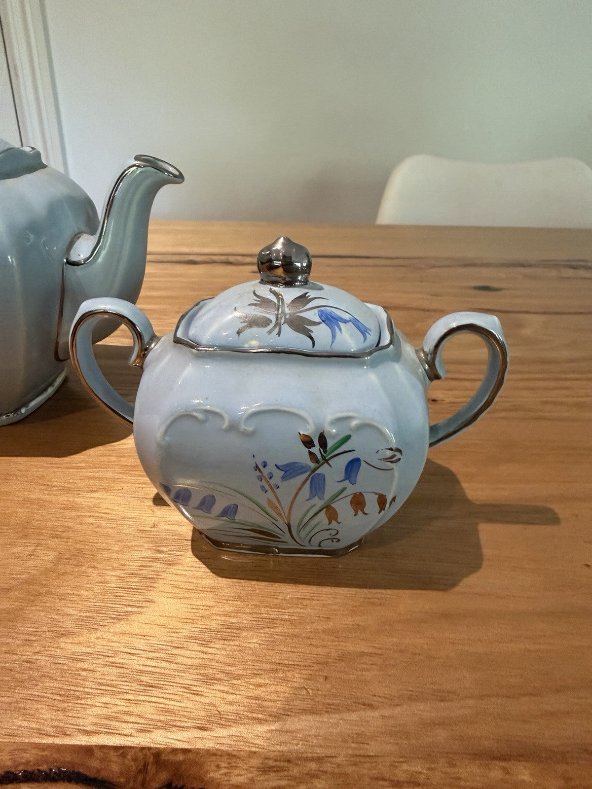 Vintage Sadler 2058 Bluebell Teapot Sugar Bowl Set Silver Trim England
