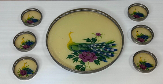 Vintage 1950s Hand-Painted Peacock Tray & 6 Coasters – Made in Japan