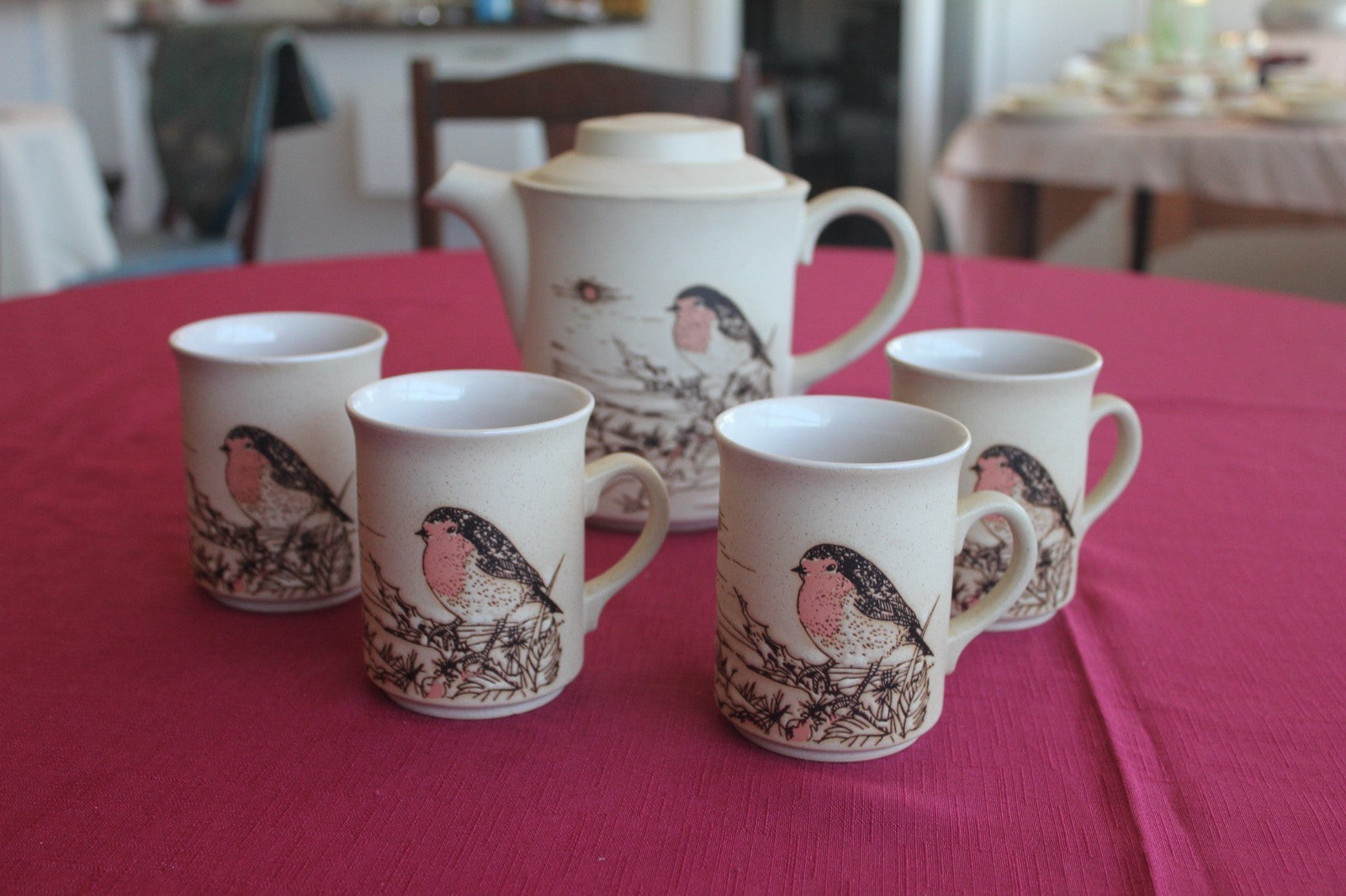Vintage Ashdale Pottery England Robin Tea Set – Teapot + 4 Mugs – c1981