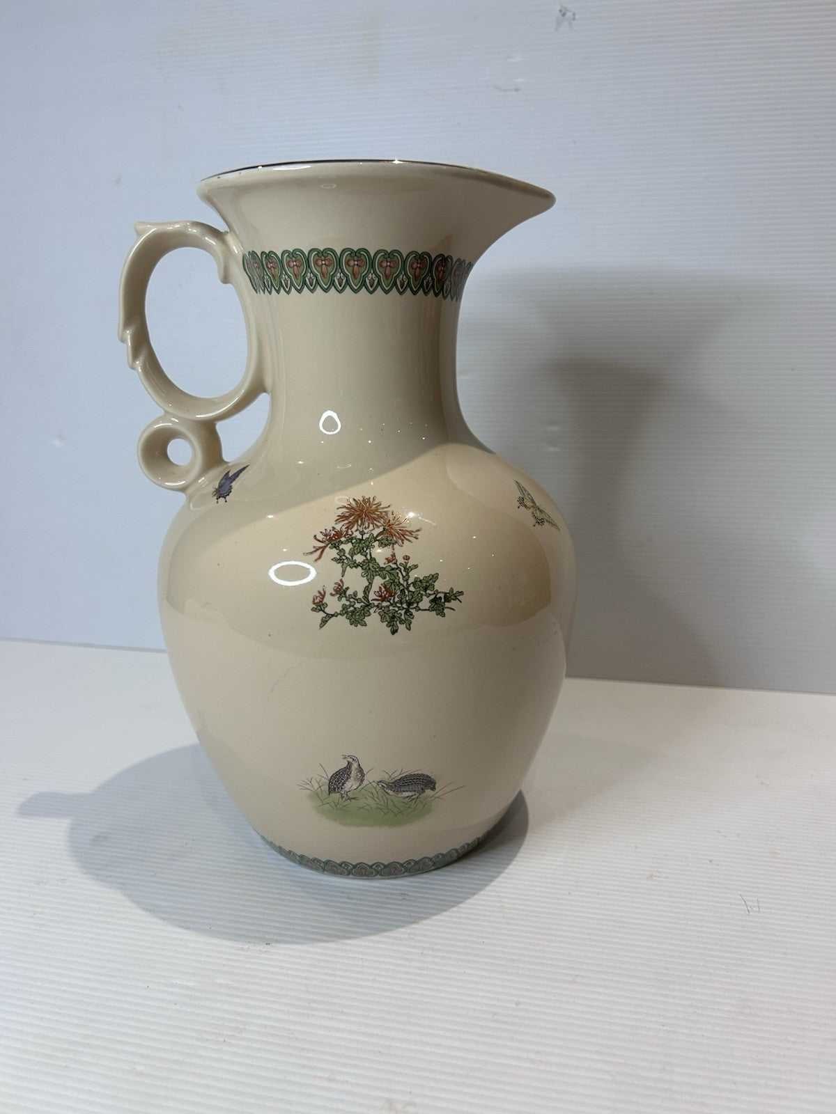 Vintage Shibata Japan Ceramic Jug – Chrysanthemum & Bird Motif – 26cm