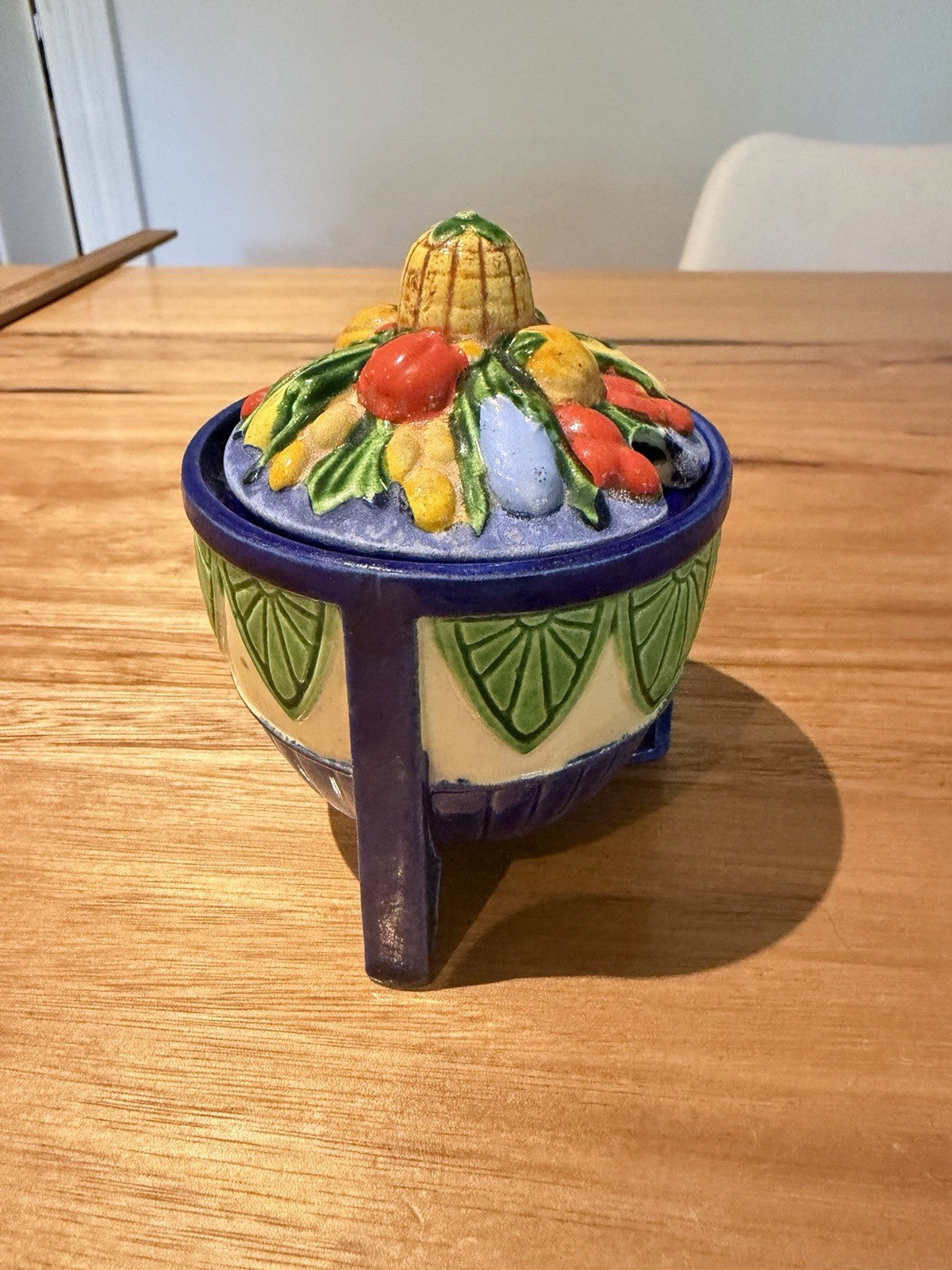 Vintage Japanese Majolica Sugar Bowl Fruit Pineapple Lid Footed Made Japan