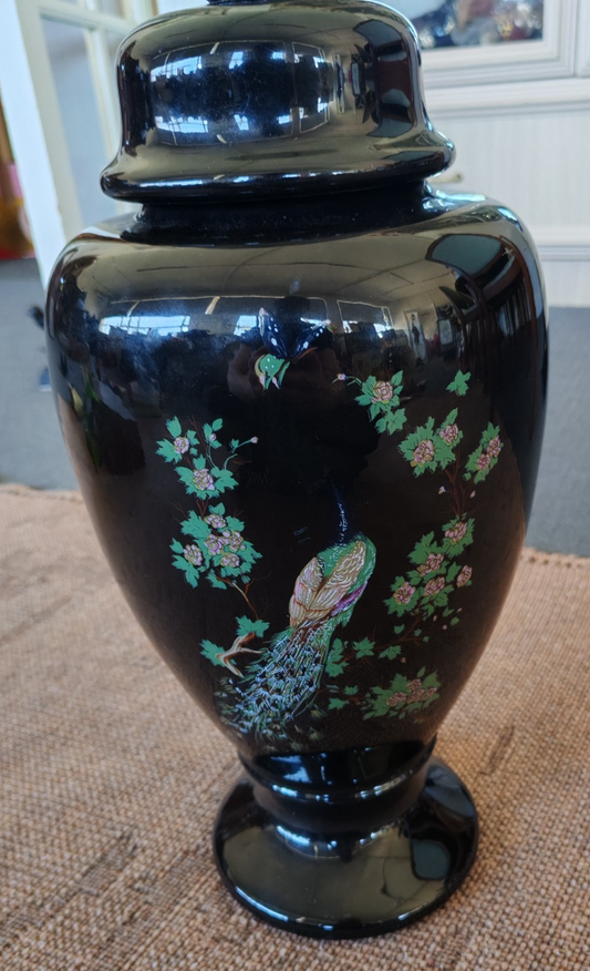 Vintage Black Peacock Ginger Jar / Lidded Urn – w/ Floral Style Decor