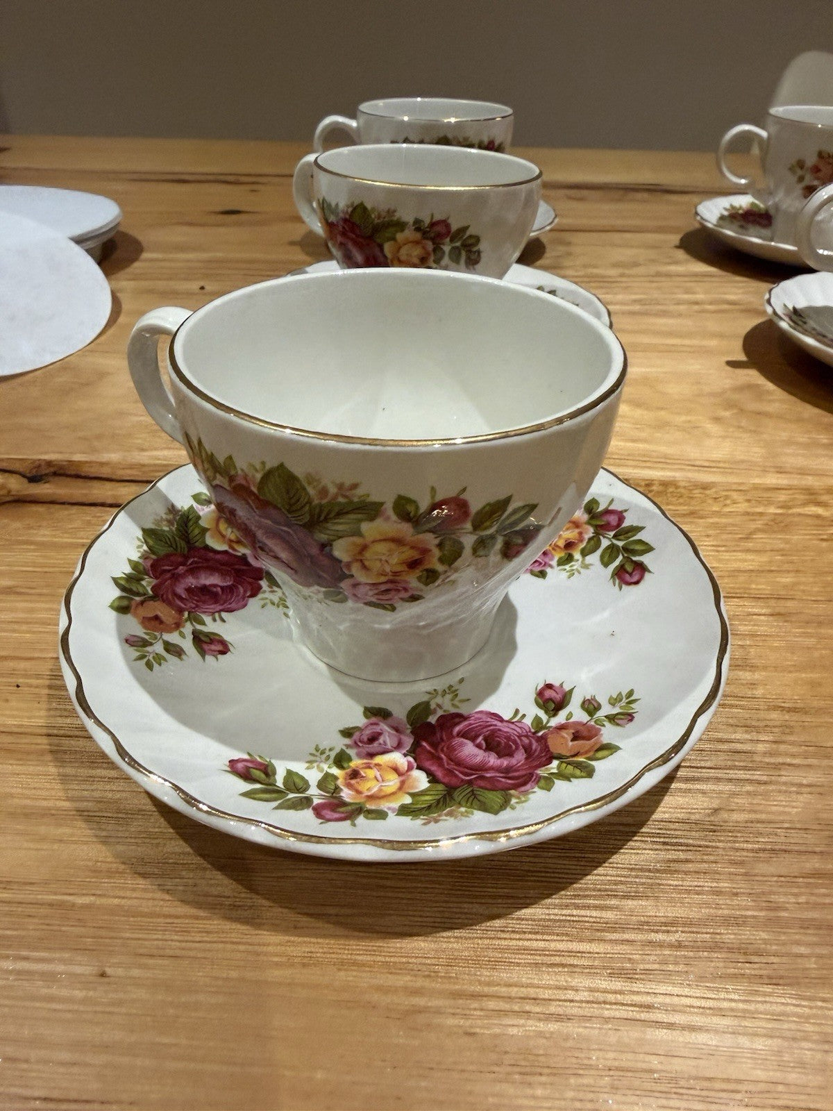 Wood & Sons Cottage Rose Ironstone Teacup Saucer Set x6 England Floral
