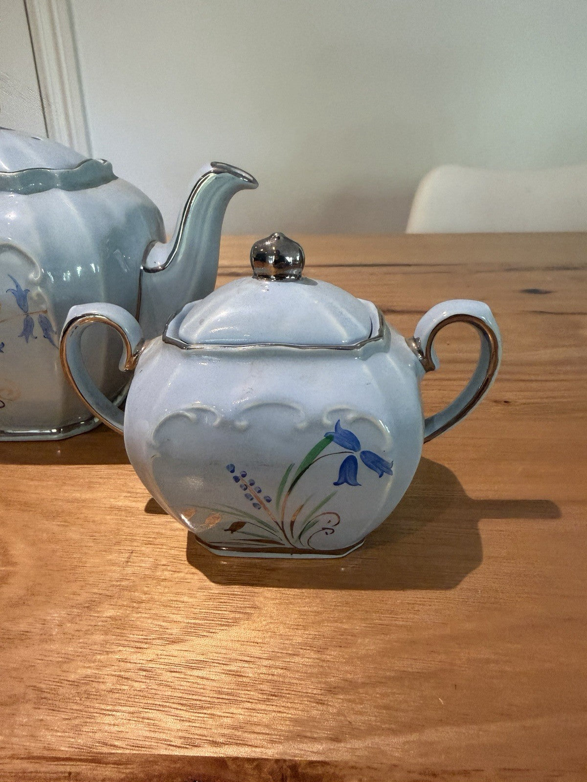 Vintage Sadler 2058 Bluebell Teapot Sugar Bowl Set Silver Trim England
