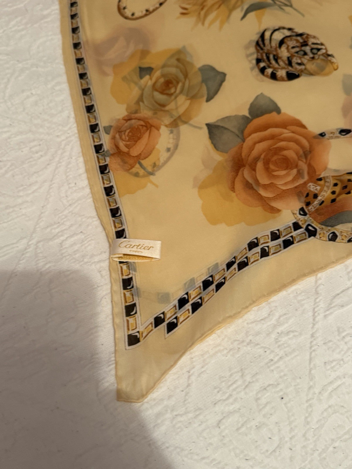 Vintage Cartier Paris Silk Scarf 162cm Panther Jewellery Roses Floral Stole