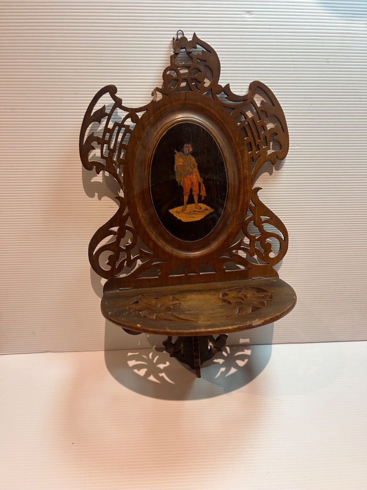 Antique Victorian Fretwork Wall Shelf with Painted Figure c.1890s