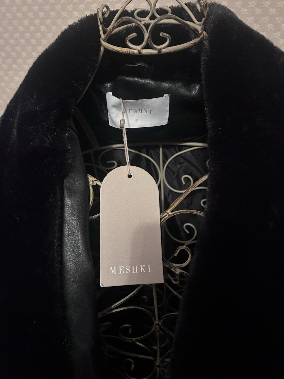 Meshki Rebekah Oversized PU Trench Coat Faux Fur Black S BNWT Glam Winter