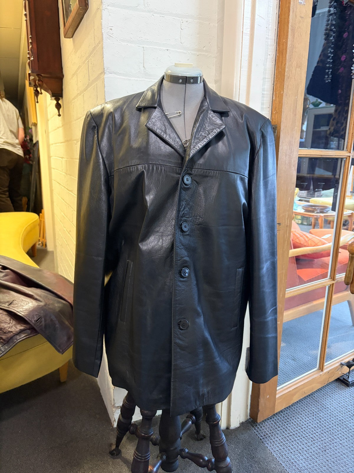PROUDS Genuine Lambskin Leather Black Long Coat Jacket 2XL Button Front