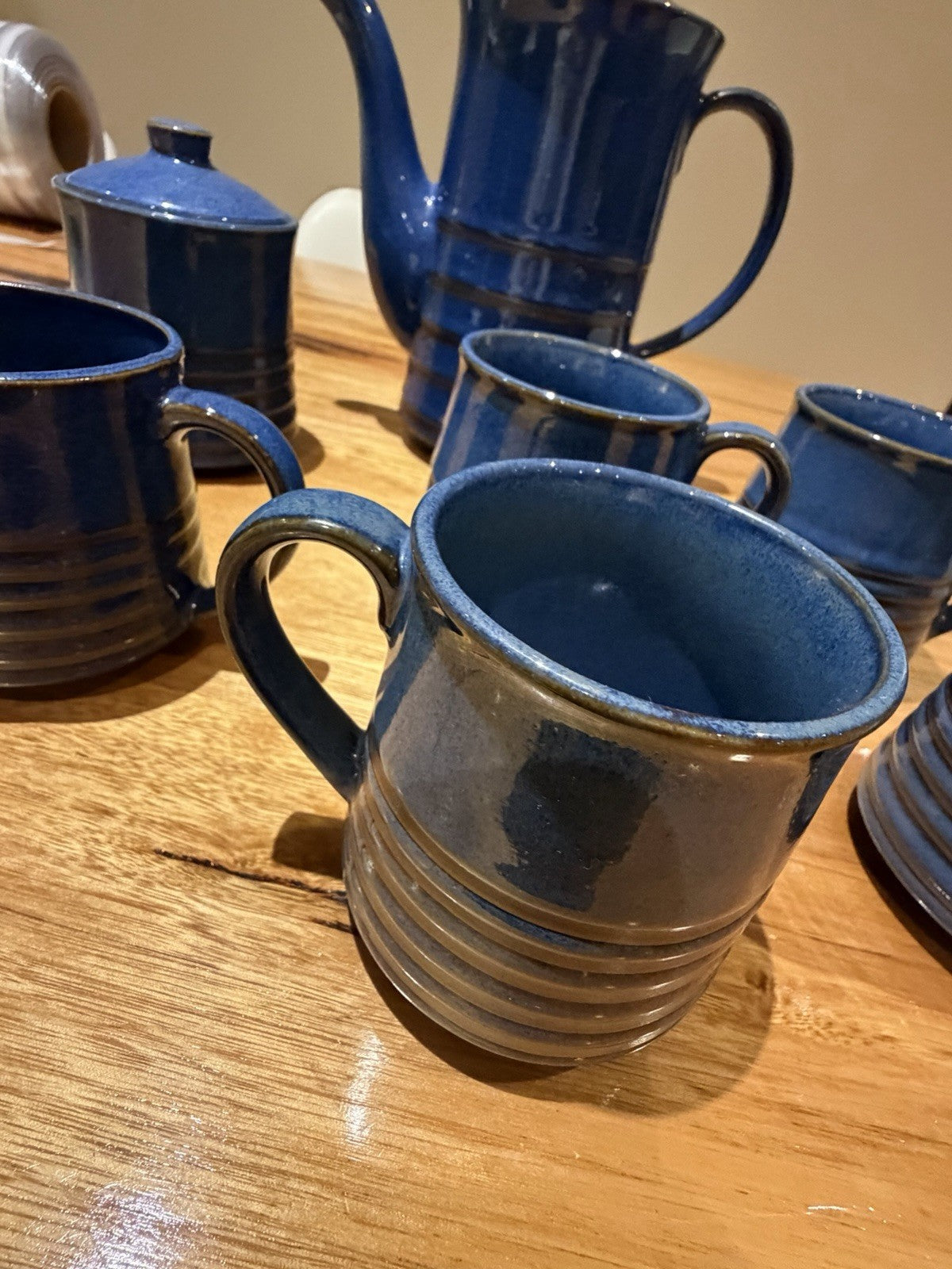 Mid Century Japanese Blue Pottery Coffee Set Teapot Mugs Creamer 1960s 7pc