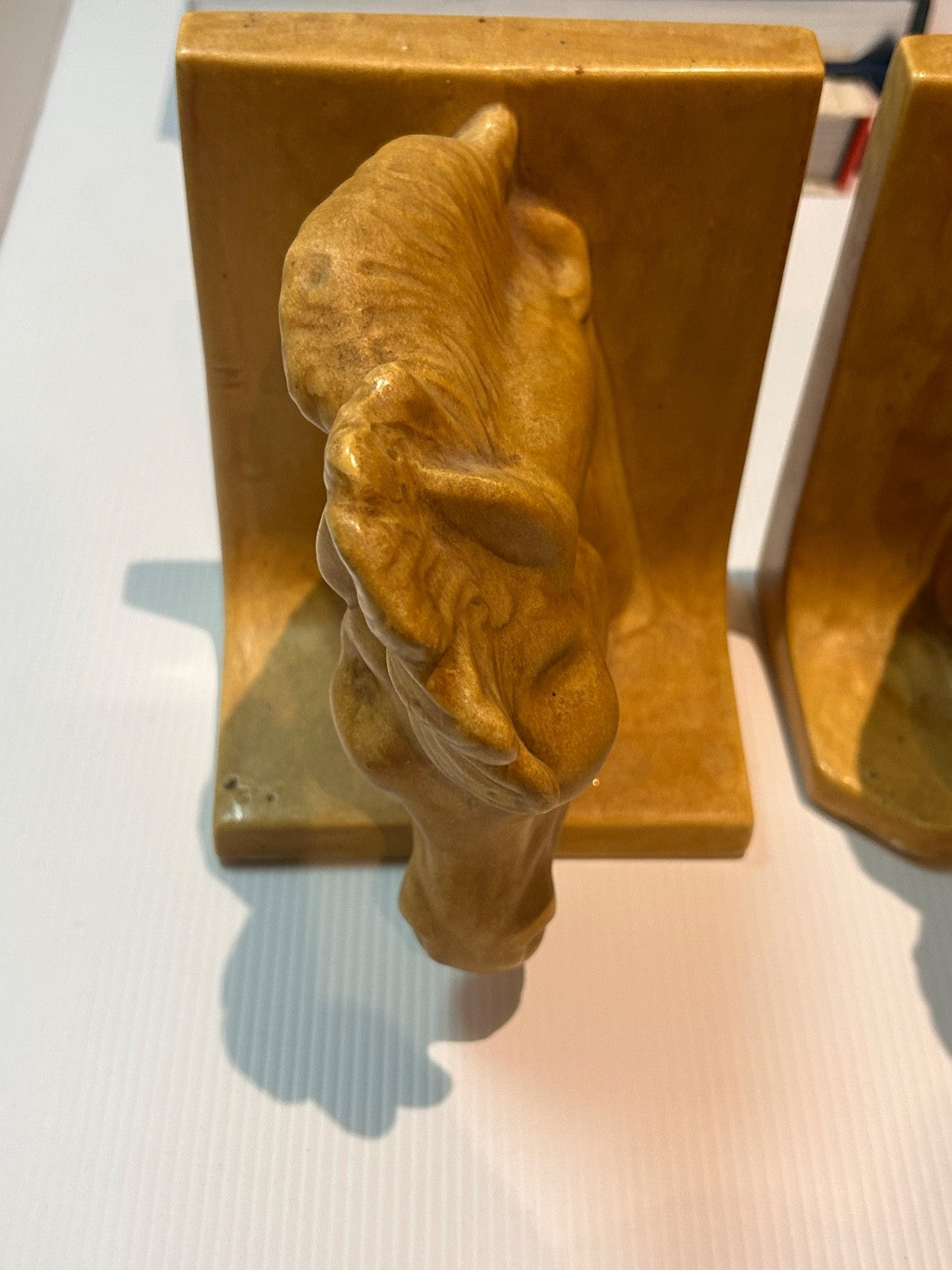 Vintage Horse Head Ceramic Bookends Signed Rosemarie 1987 Tan Glaze 15cm