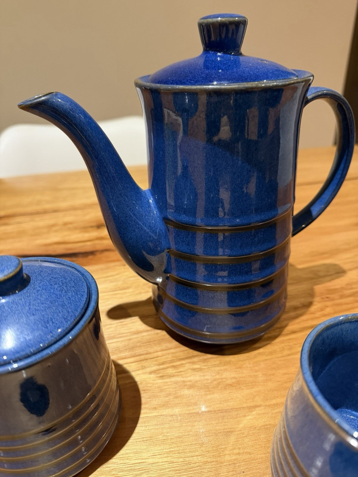 Mid Century Japanese Blue Pottery Coffee Set Teapot Mugs Creamer 1960s 7pc