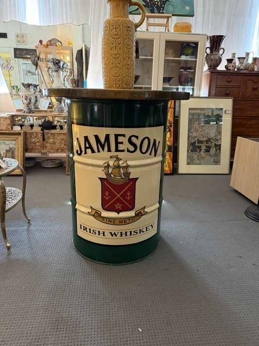 Jameson Irish Whiskey Barrel Table Green Metal Drum Round Timber Top Bar Table