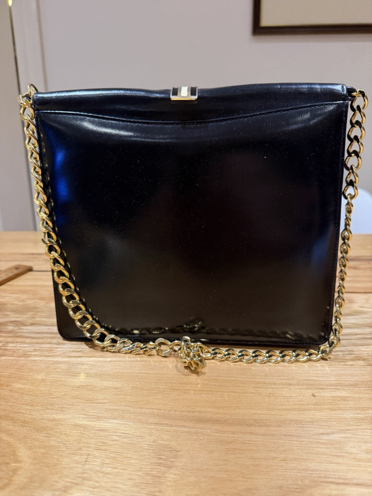 Vintage 1960s Cartner London Melbourne Handmade Black Hide Handbag Gold Chain