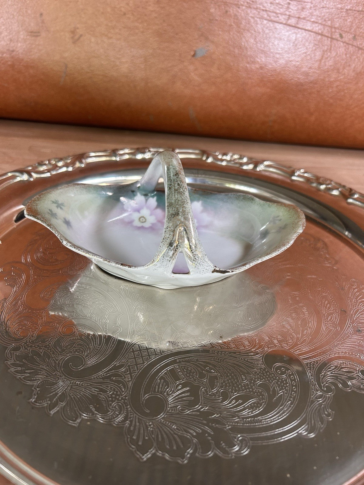 Antique Silesia Handled Dish Hand Painted Floral Gold Trim c.1900s Germany