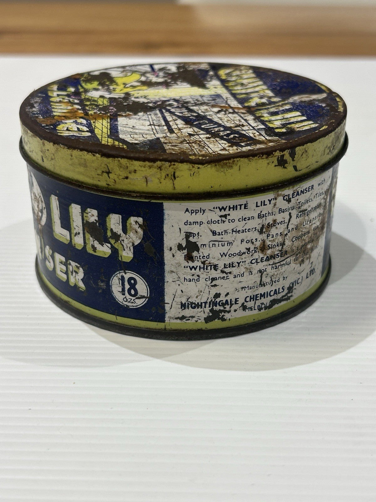 Vintage White Lily Cleanser Tin 18oz Nightingale Chemicals Melbourne Circa 1940s