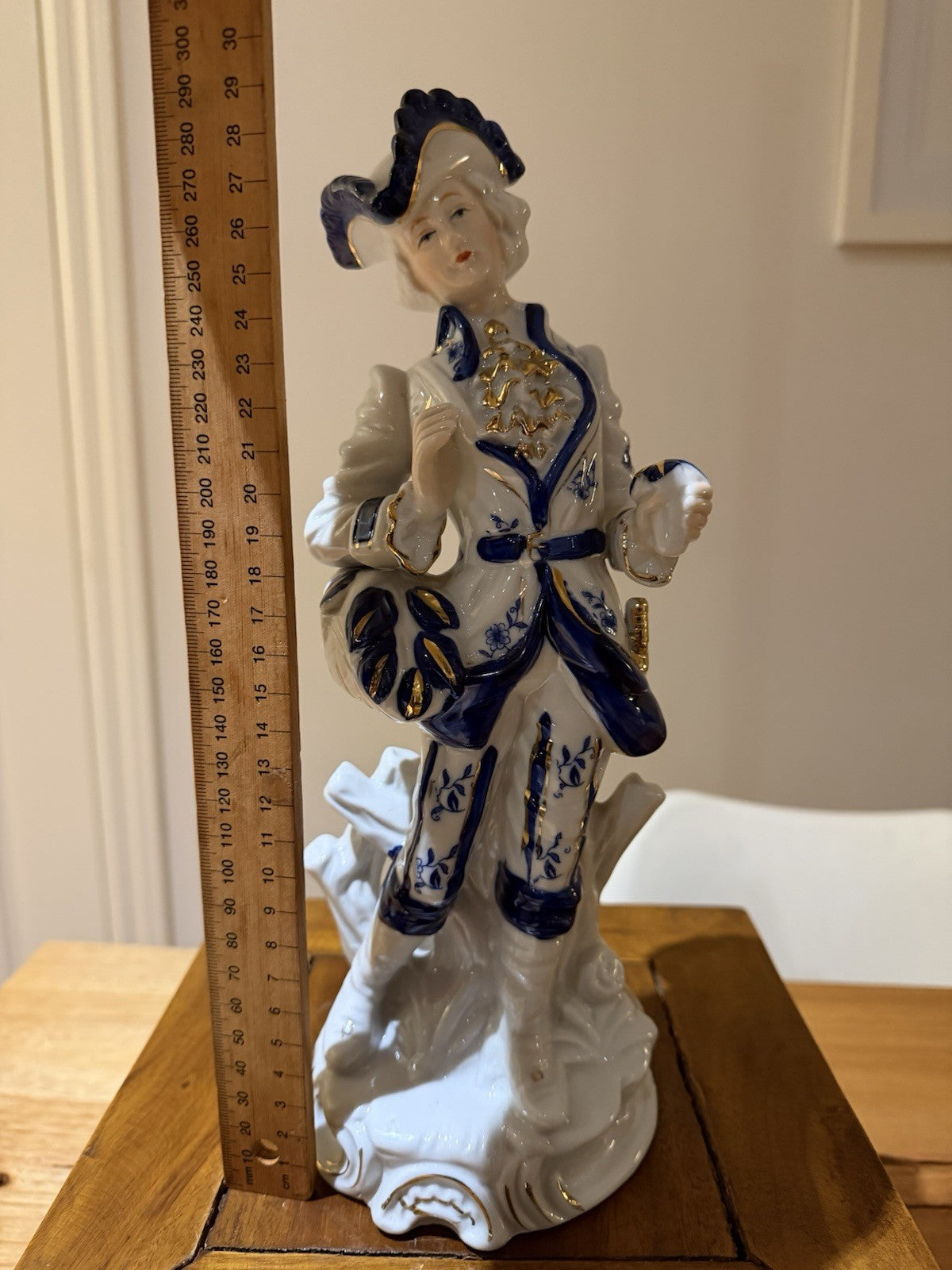 Vintage Porcelain Gentleman Figurine Blue White Gold Rococo Style 28cm