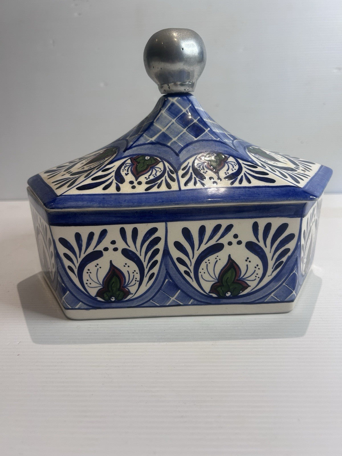 Mexican Talavera Hexagonal Lidded Pot BMT Regalos Blue Folk Art CT-08