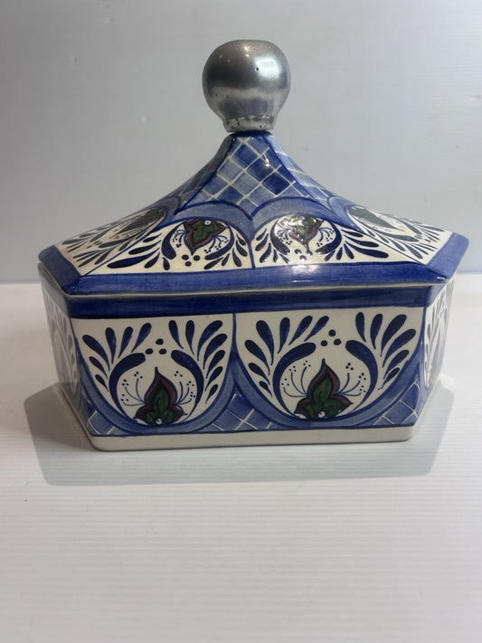 Mexican Talavera Hexagonal Lidded Pot BMT Regalos Blue Folk Art CT-08