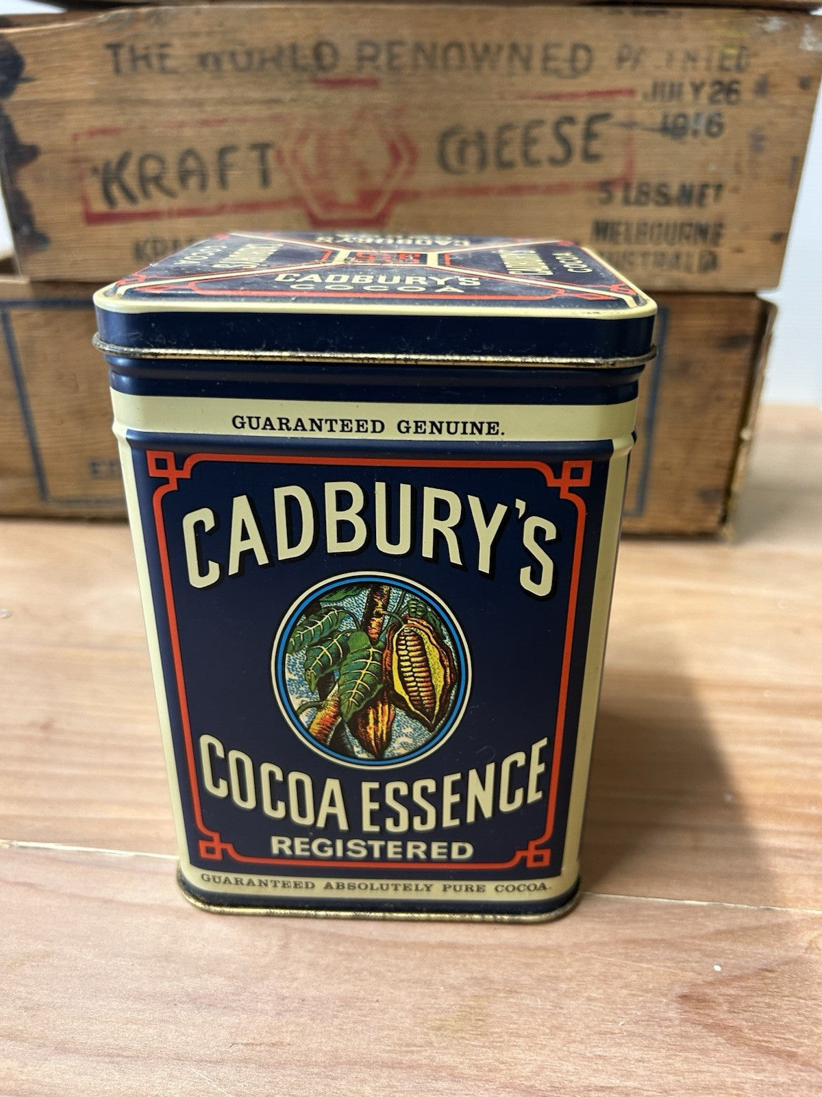 Cadbury's Cocoa Essence Vintage 1977  Metal Tin Box Hinged Lid Good Condition