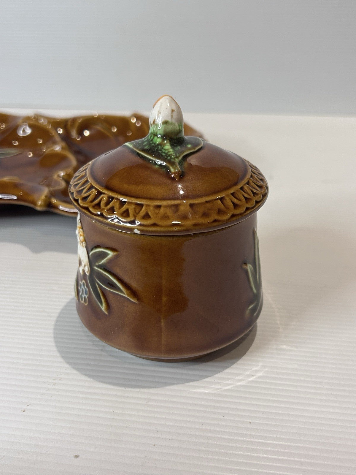 Vintage Japanese Pottery Condiment Set – Hand-Painted Brown Glaze Floral