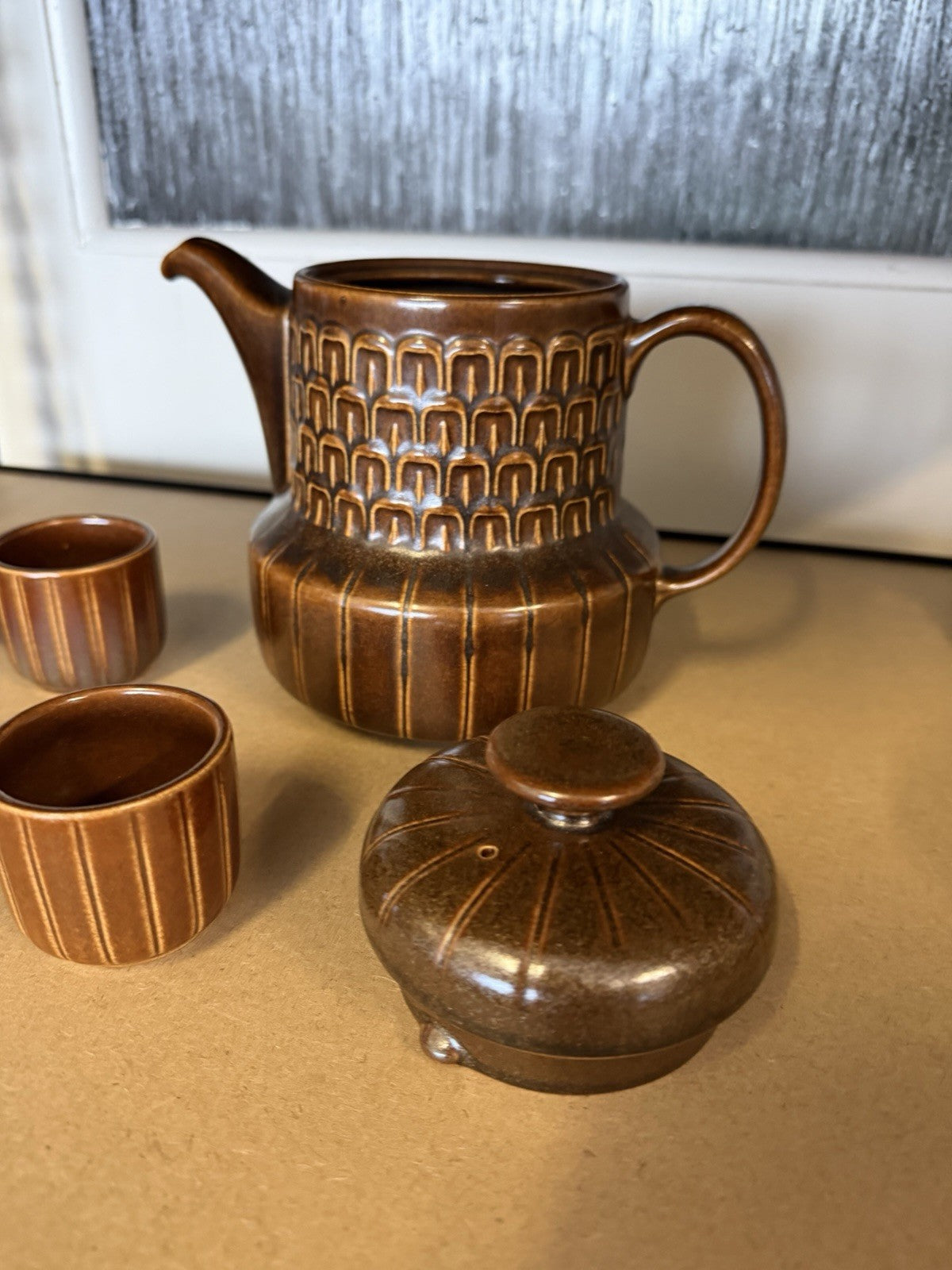 Wedgwood Pennine Espresso Set Pot & 6 Cups Brown Stoneware England c1970s
