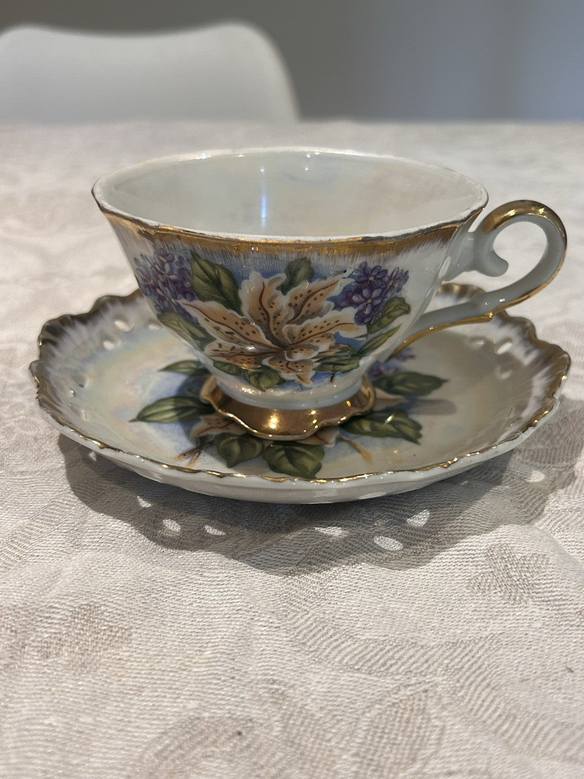 Vintage Lustre Glaze Teacup & Saucer Made in Japan Floral Gold Trim 208