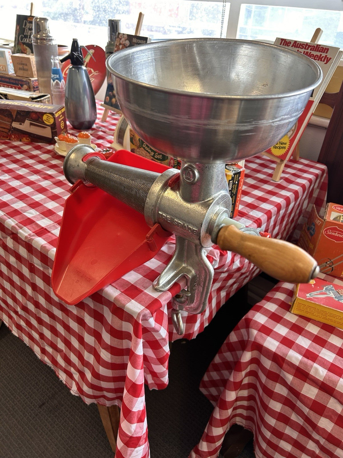 Tre Spade Hand Crank Food Mill Grinder w/ 2 Funnels Vintage Kitchen Italy