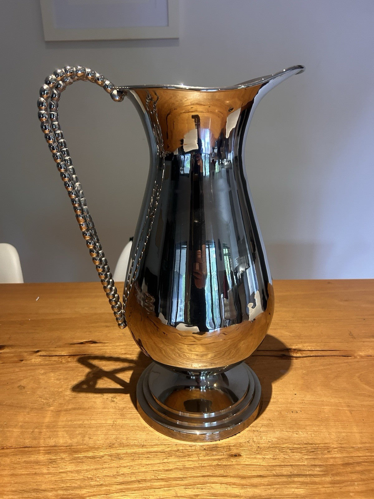 Mid-Century Silver-Plated Jug 38cm Beaded Handle Decorative Pitcher Vase