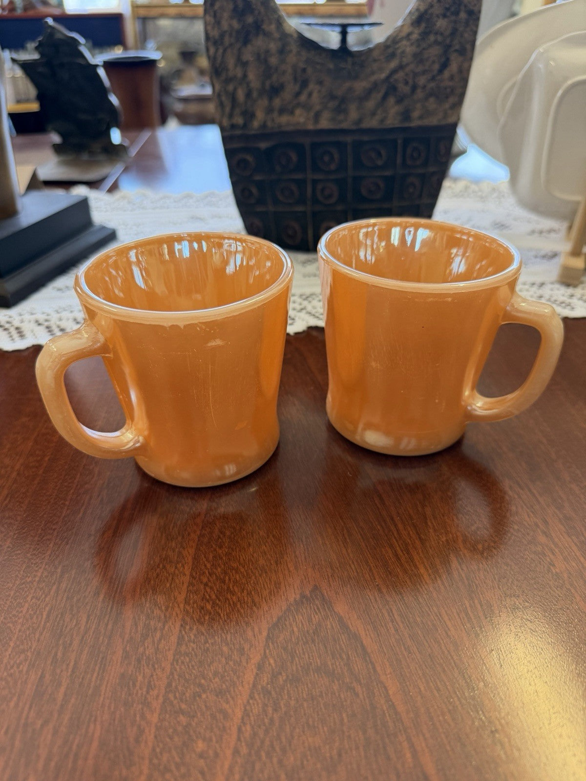 Vintage Fire-King Peach Lustre D-Handle Mugs x2 Anchor Hocking USA Milk Glass