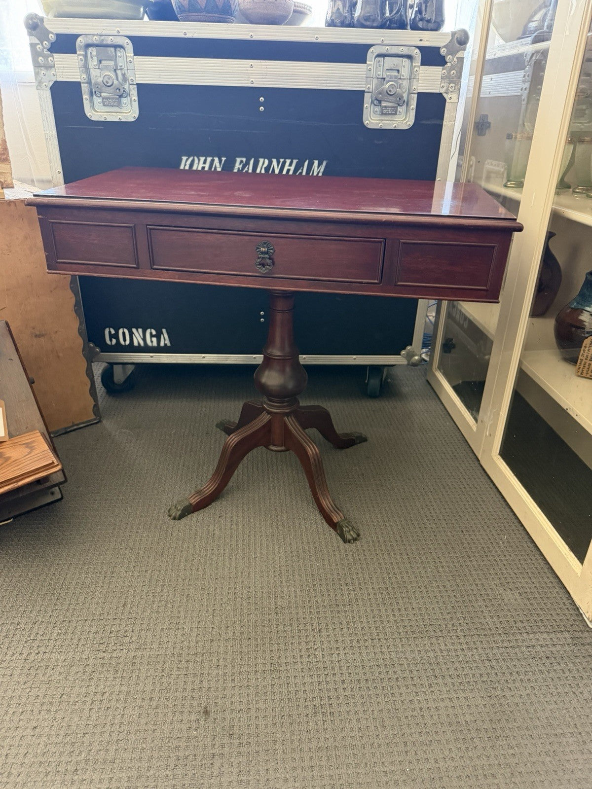 Vintage 1978 W F Hamilton Mahogany Pedestal Hall Console Table Brass Paw Feet