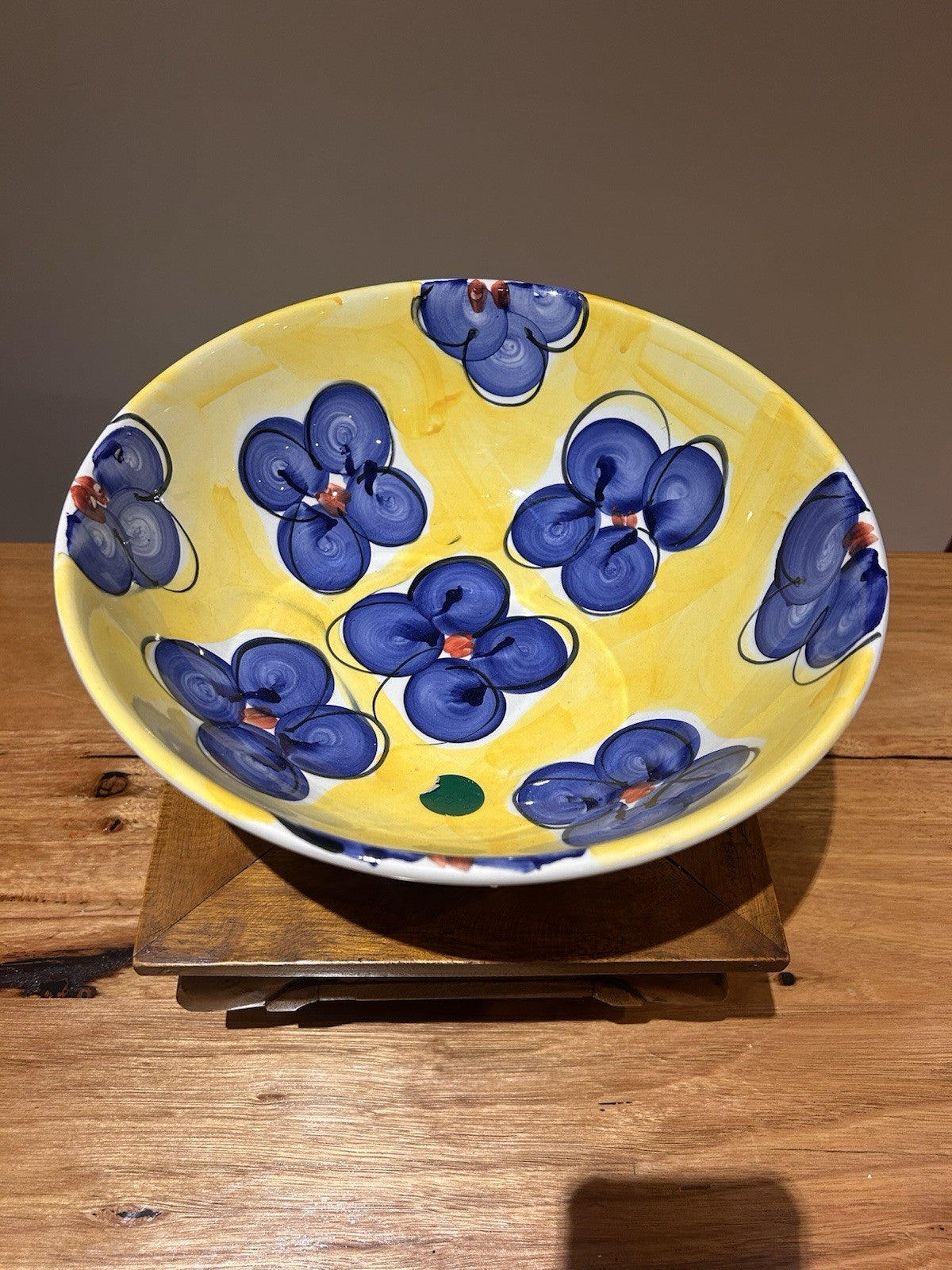 Italian Hand Painted Ceramic Bowl 29cm Deruta Style Yellow Blue Vintage