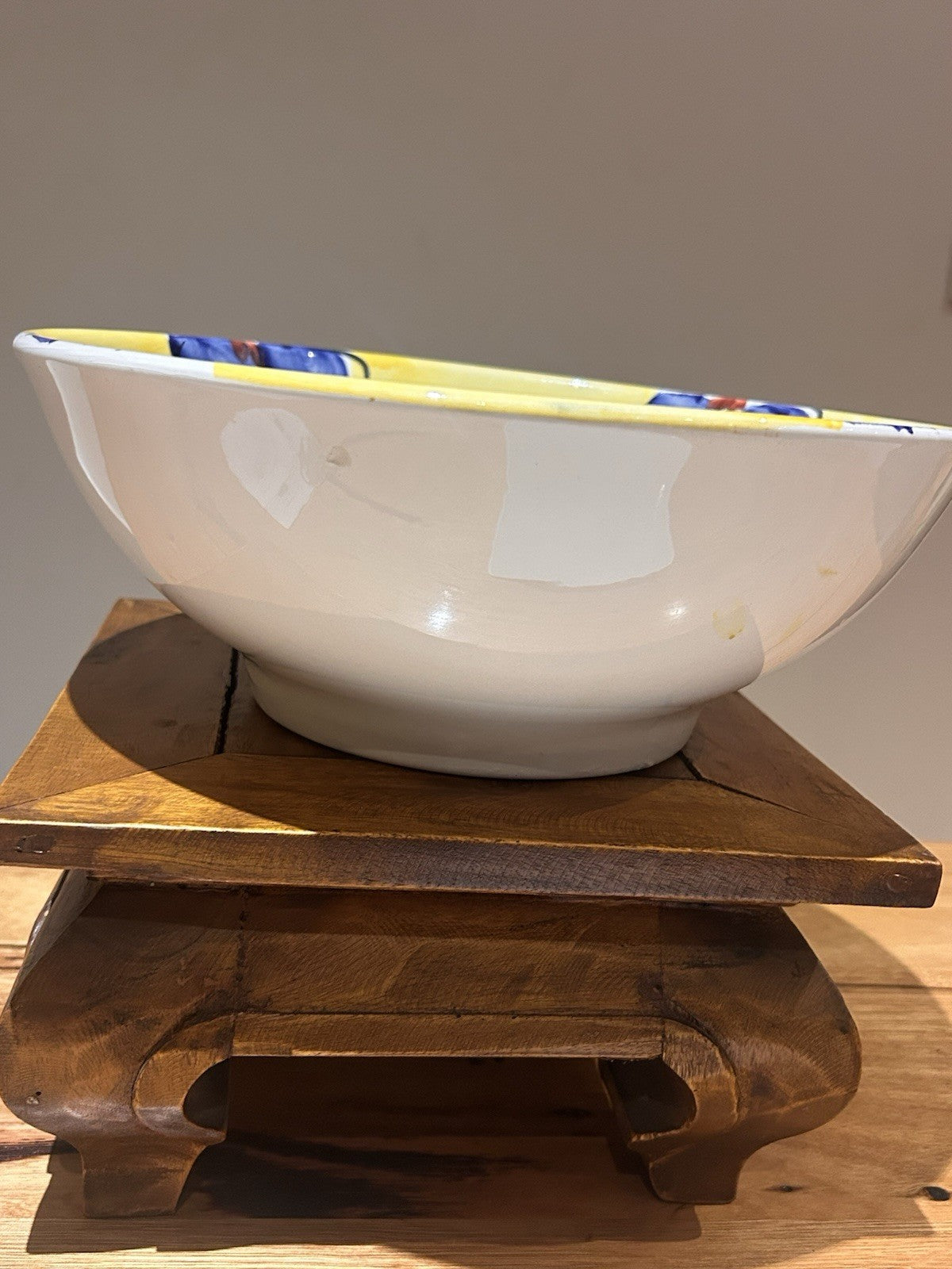 Italian Hand Painted Ceramic Bowl 29cm Deruta Style Yellow Blue Vintage