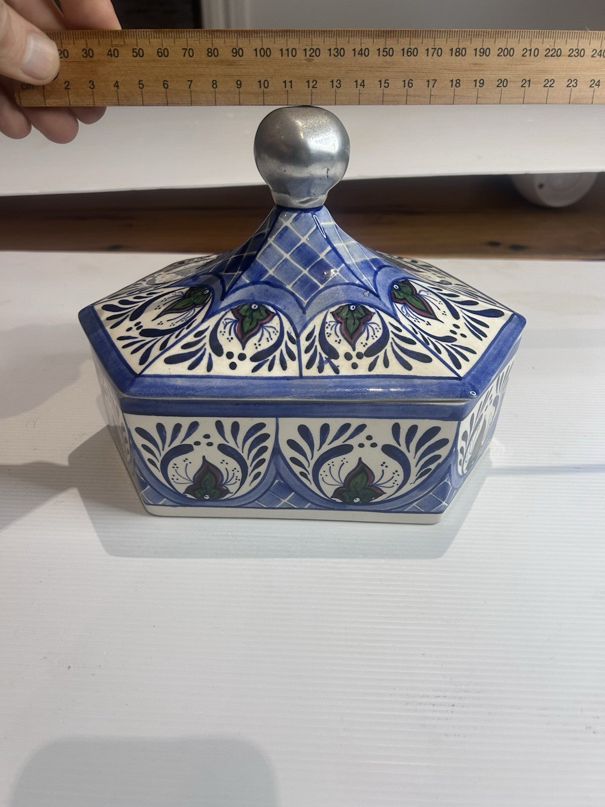 Mexican Talavera Hexagonal Lidded Pot BMT Regalos Blue Folk Art CT-08