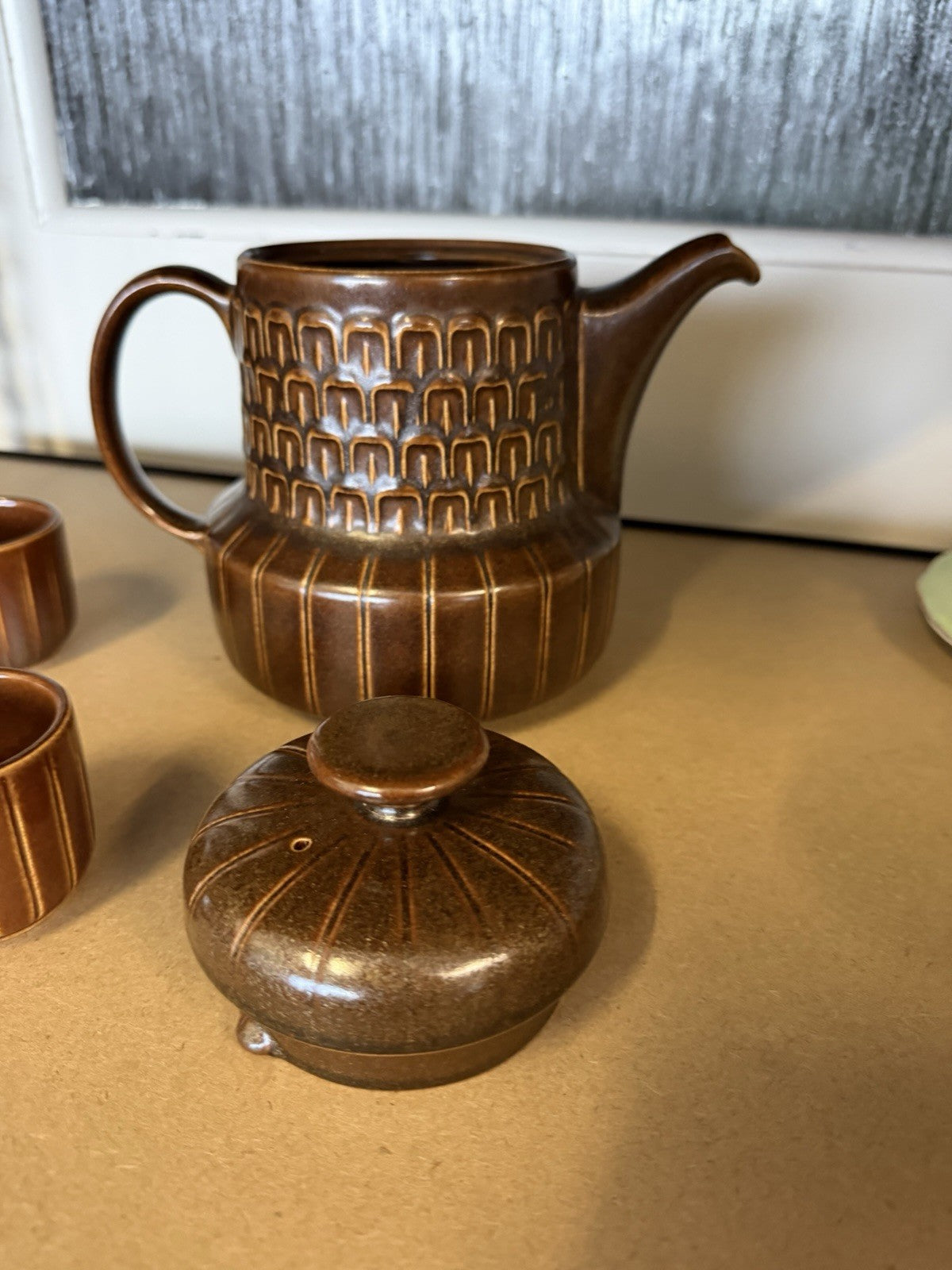 Wedgwood Pennine Espresso Set Pot & 6 Cups Brown Stoneware England c1970s