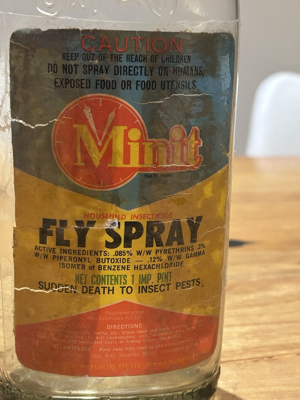 Vintage Minit Fly Spray Bottle Oxford Embossed 1 Imp Pint Insecticide c1950s