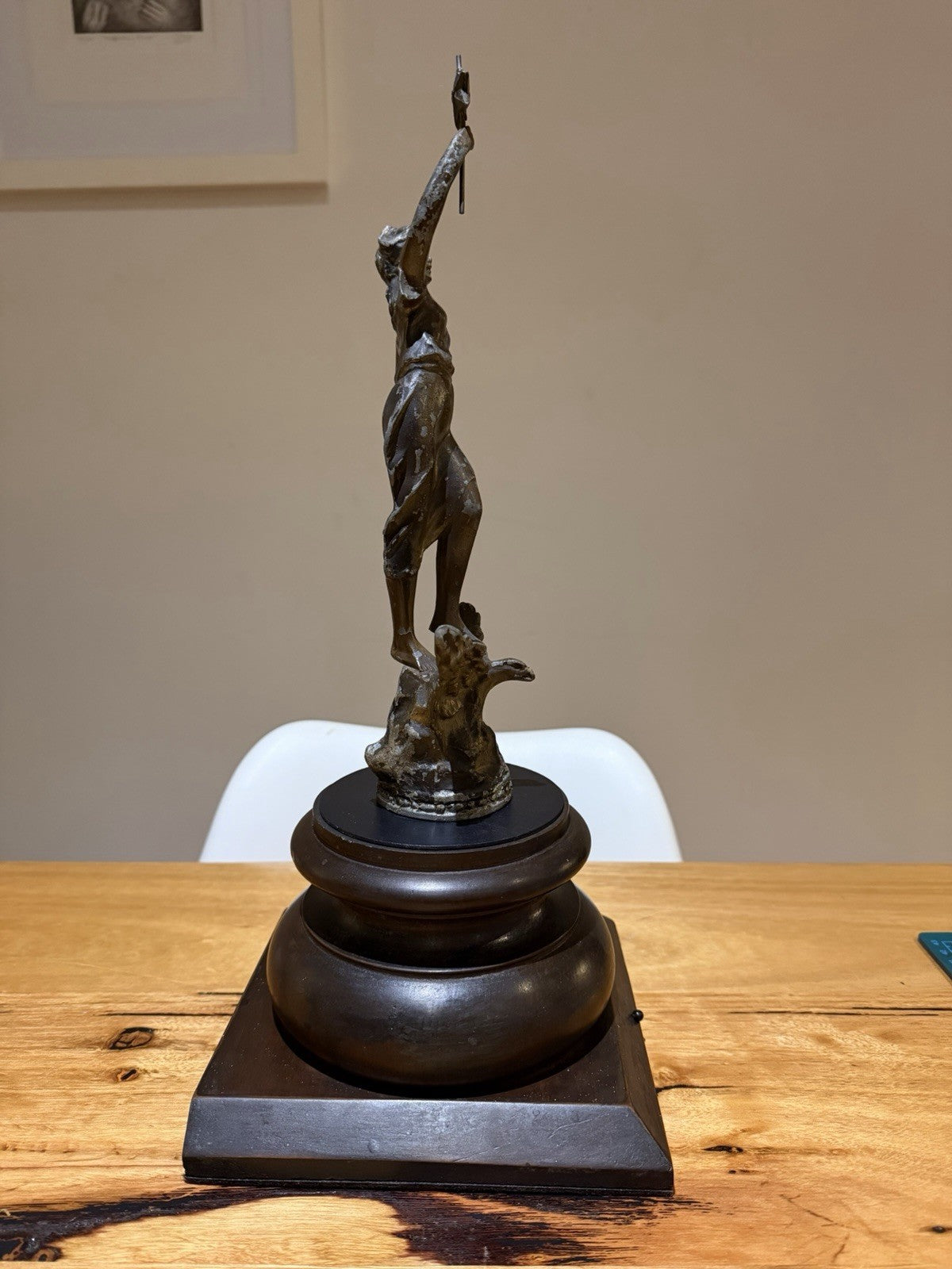 La Nuit Spelter Sculpture Lady With Star Eagle Figure on Timber Plinth