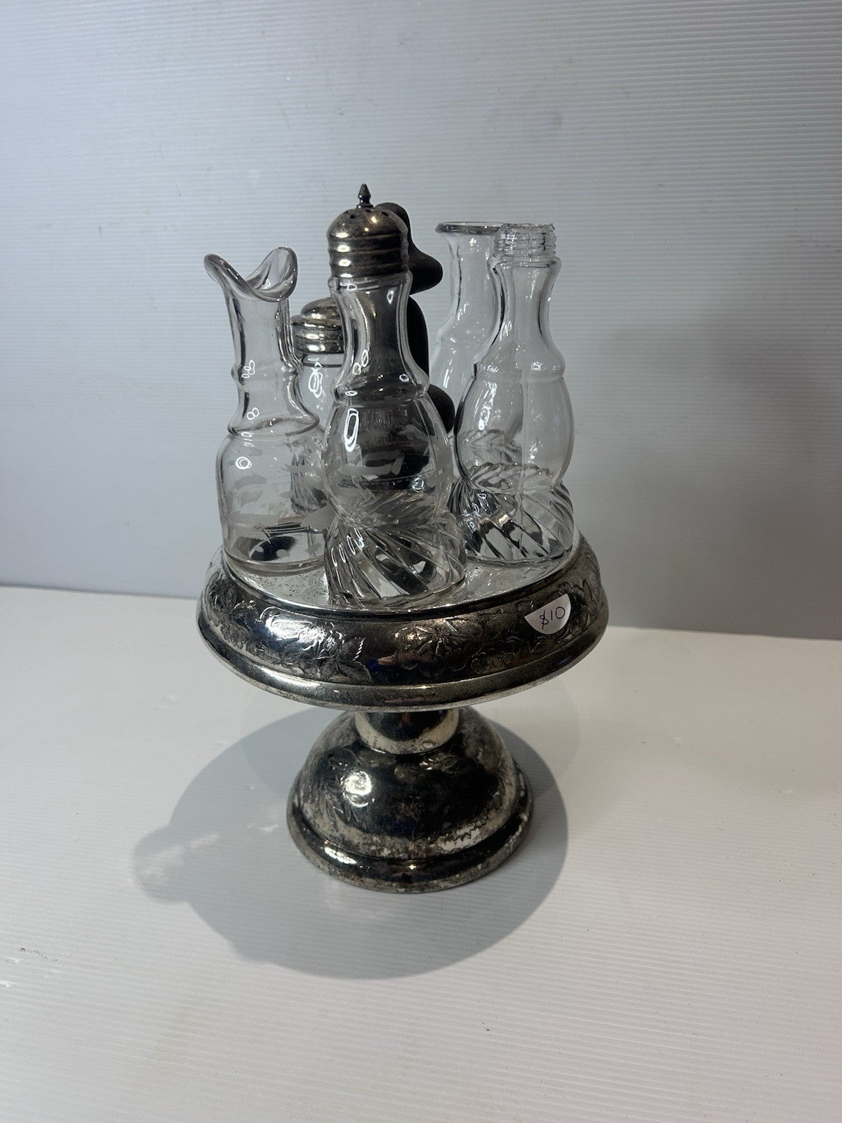 Antique Silver Plated Cruet Set w/ Cut Glass Bottles Victorian Style 27cm Tall