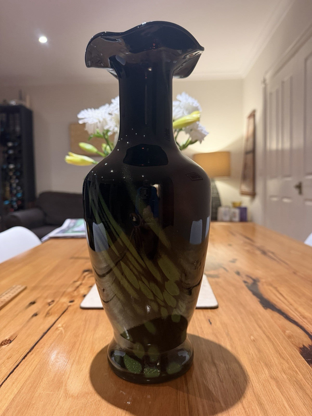Large Black Green Aventurine Art Glass Vase Ruffled Rim 35cm Murano Style