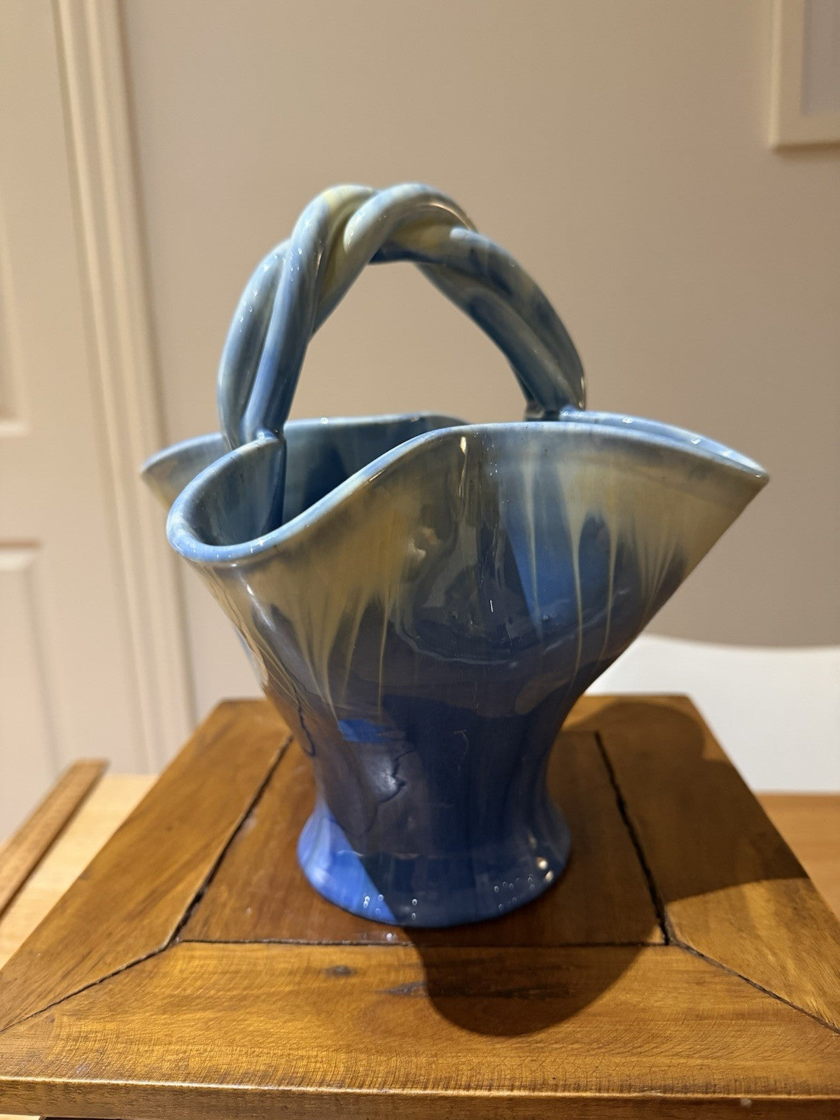 Vintage Remued Australian Pottery Basket Vase Blue Drip Glaze 184-10