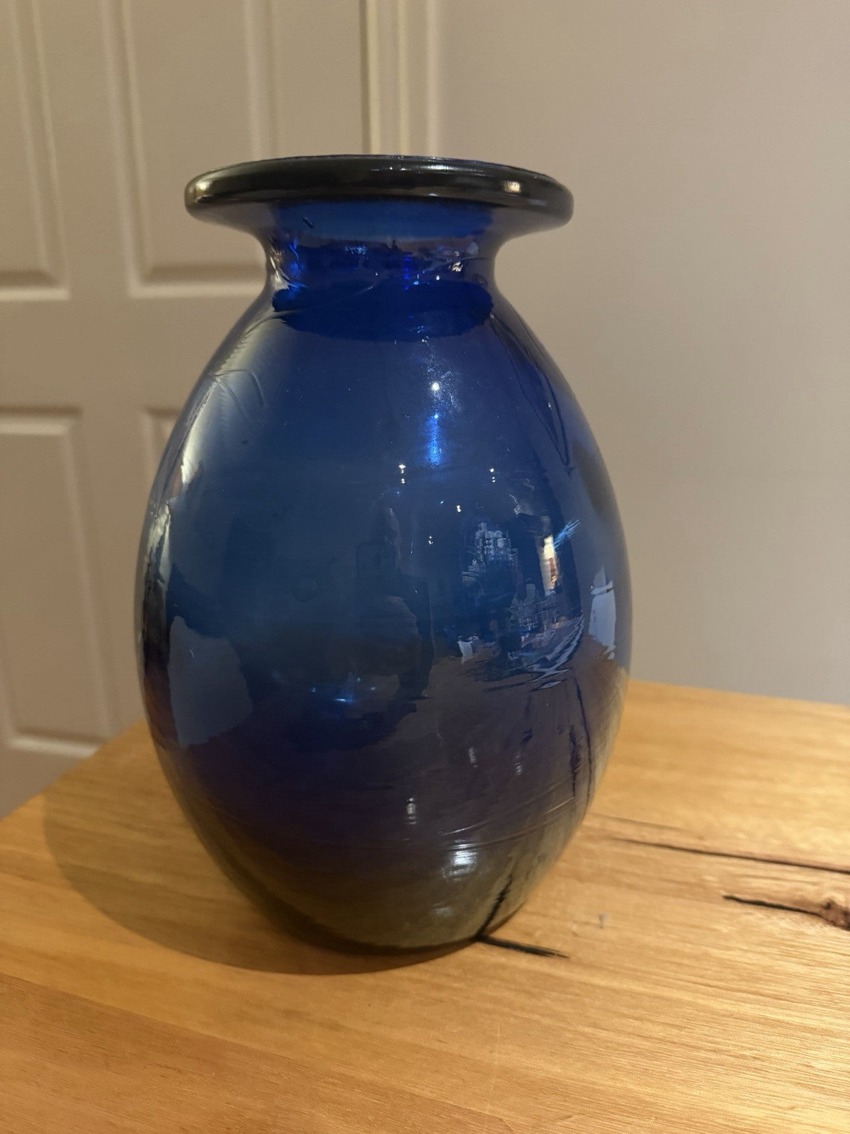 Vintage Cobalt Blue Hand Blown Art Glass Vase Heavy 2.54kg 25cm Rolled Rim