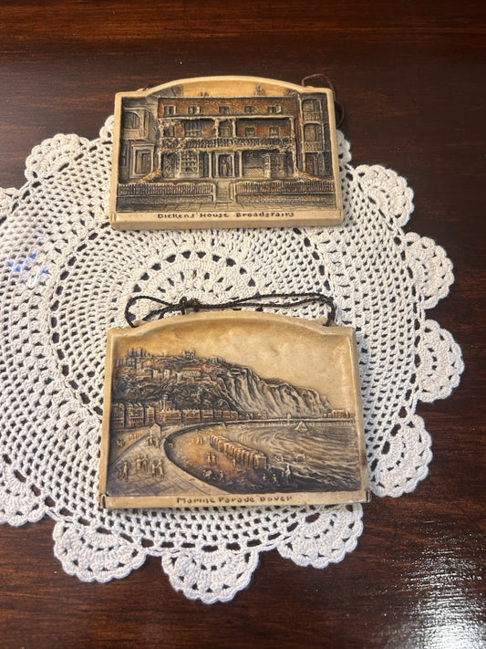 2x Vintage Ivorex Osborne Plaques Dickens’ House & Marine Parade Dover England
