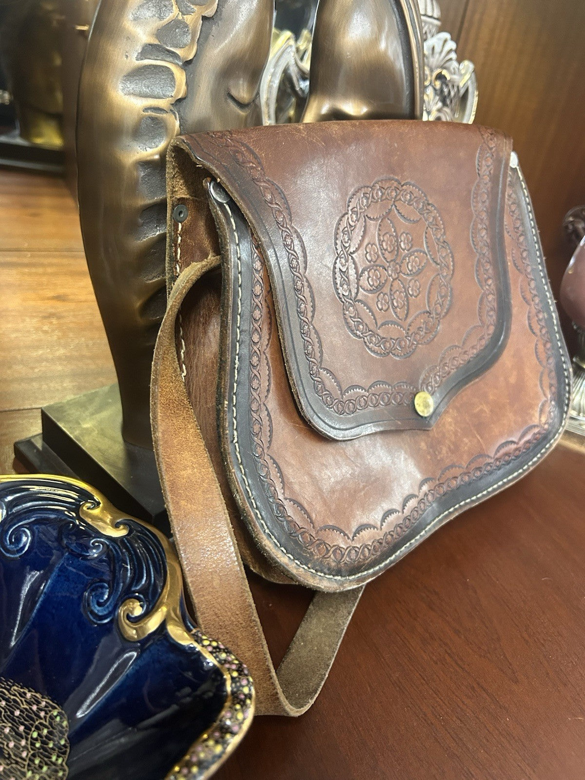 Vintage Tooled Leather Saddle Bag Crossbody Satchel Boho Western Brown