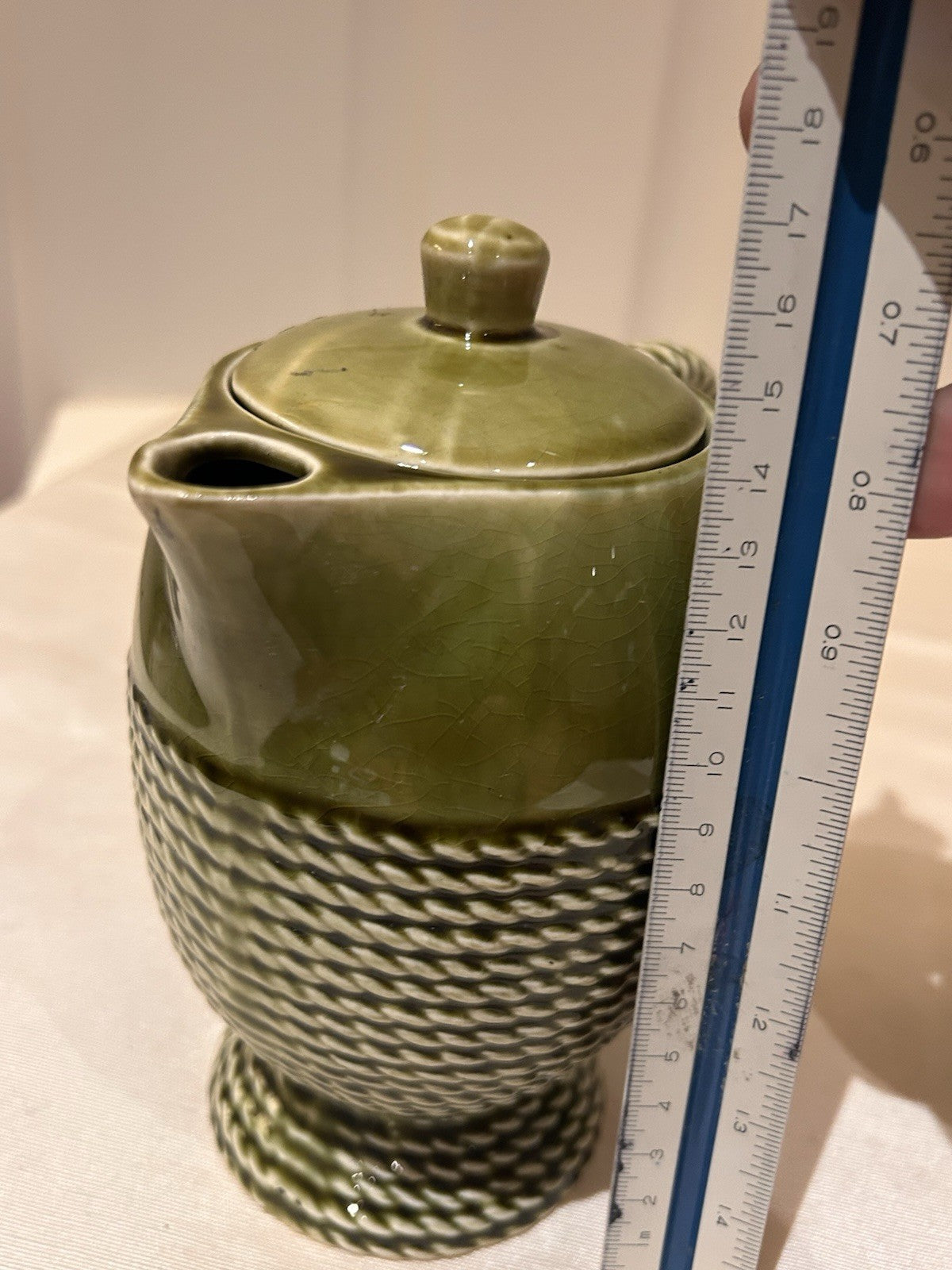 Vintage Japan Olive Green Rope Pattern Teapot & Sugar Bowl Pottery Set