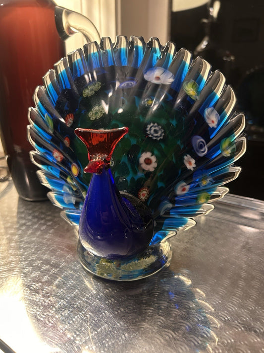 Italian Art Glass Peacock Figurine Millefiori Blue Heavy Studio Glass 