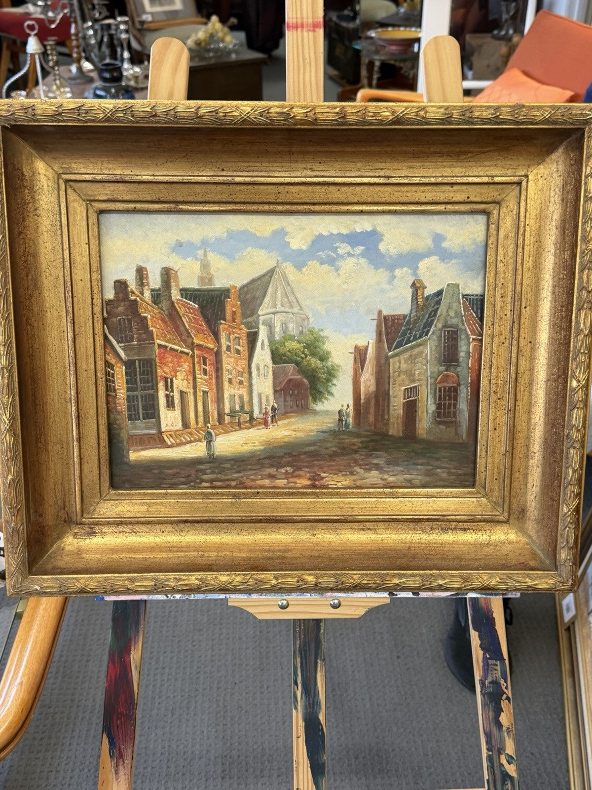 Vintage Dutch Flemish Street Scene Original Oil on Canvas Gilt Frame 59cm