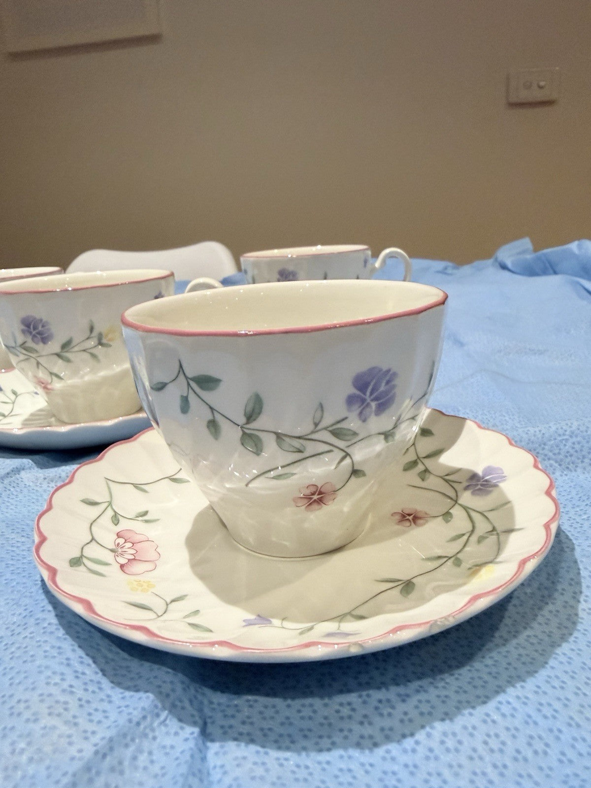 Johnson Brothers Tea Cups Saucers Set 5 Floral Pink Trim England Vintage